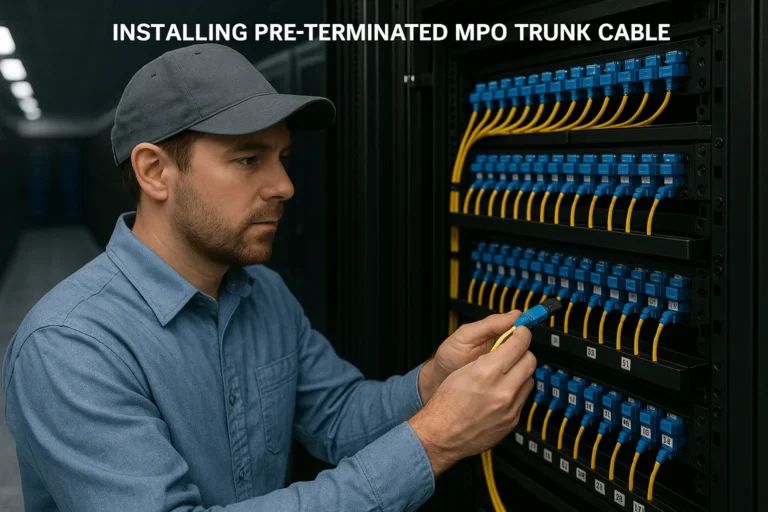 Technician inspects and verifies insertion loss and return loss on pre-terminated connections in a live data-center rack using a handheld meter