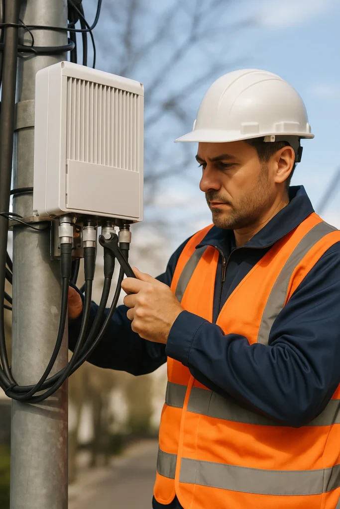 Technician in hard hat and safety vest mating a pre-terminated drop to a small-cell enclosure for fast turn-up