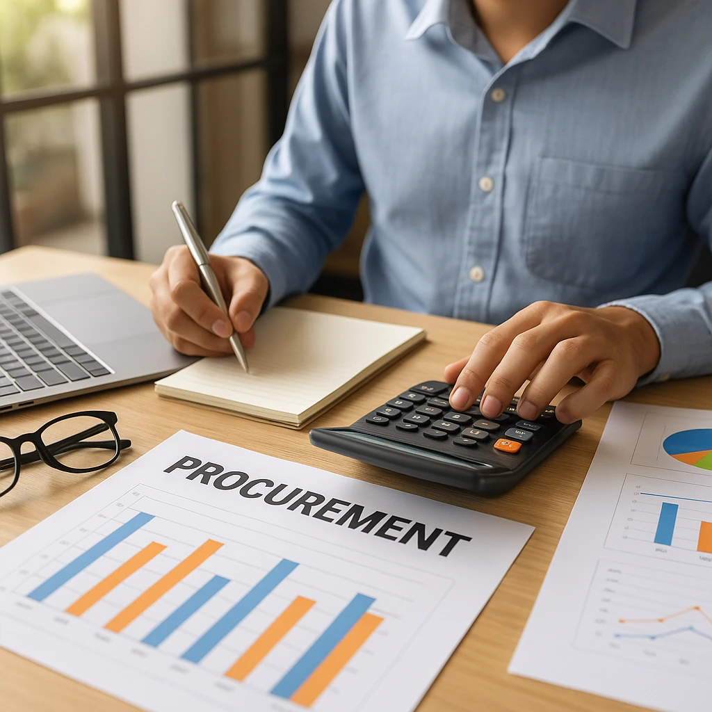 Procurement professional working at a desk with charts, calculator, and documents used to specify and accept pre-terminated fiber kits