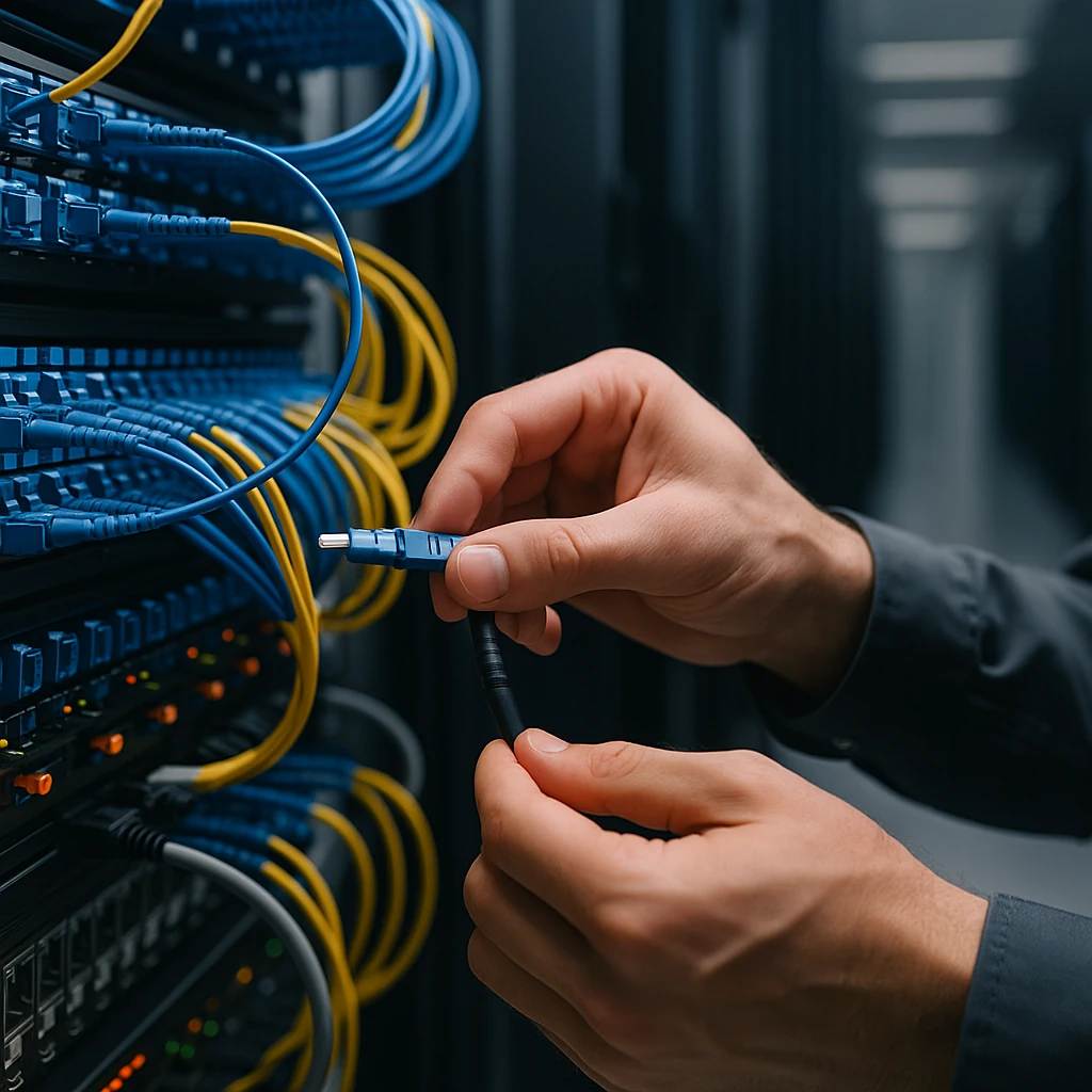 Close-up of a technician connecting a fiber patch at a modern rack with blue and yellow jumpers for reliable high-throughput service