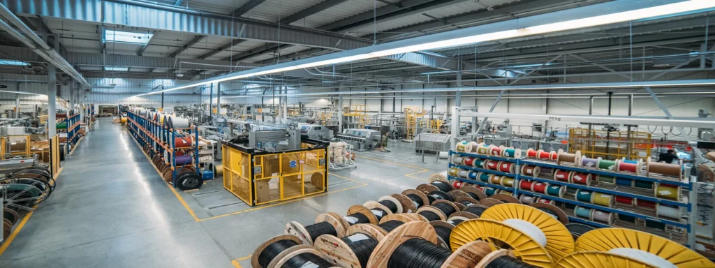 AIMIFIBER fiber optic cable factory showing modern production lines and cable reels for high-quality fiber cable manufacturing