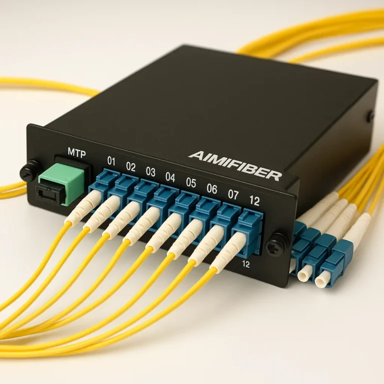 Centralized FTTH splitter hub in MDU telecom room with labeled PLC modules and tidy patch cords