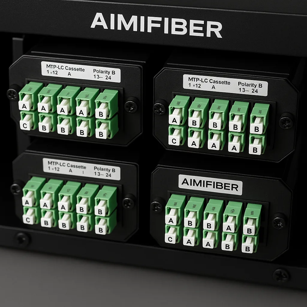 Tabletop of PLC splitters labeled 1x4, 1x8, 1x16, 1x32 with SC/APC jumpers and a power meter