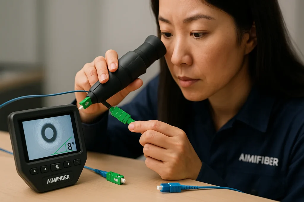 Technician inspecting a green SC/APC connector with a video scope; OTDR/inspection screen visible.