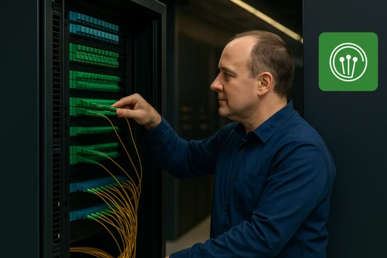 Technician performing FTTH retest workflow using OTDR and tablet for sign-off