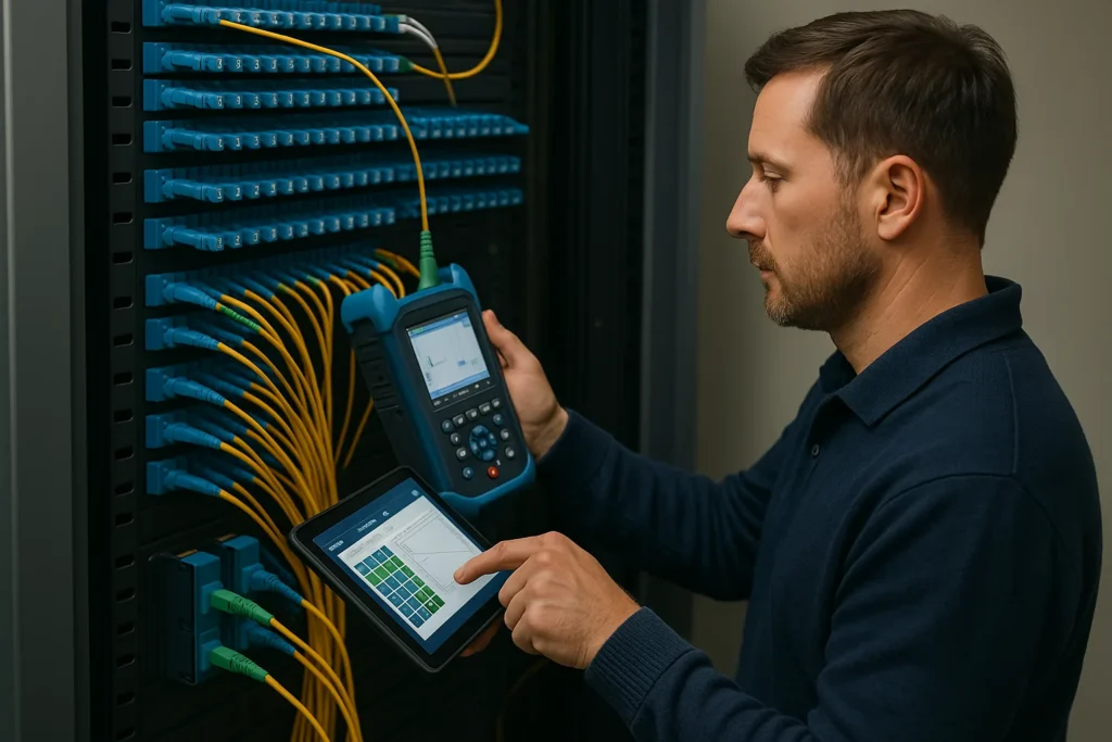Technician verifying FTTH handover with OTDR and tablet near labeled patch panels.