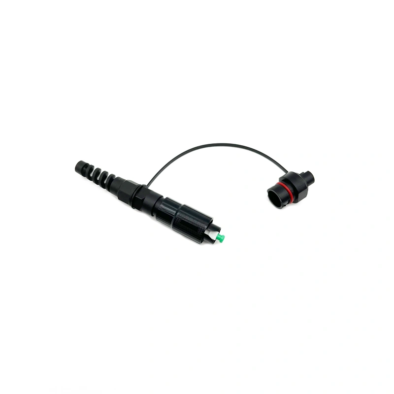 Exploded view showing boot, housing, O-ring seal, and internal SC/APC insert of an OptiTap-style field-installable connector