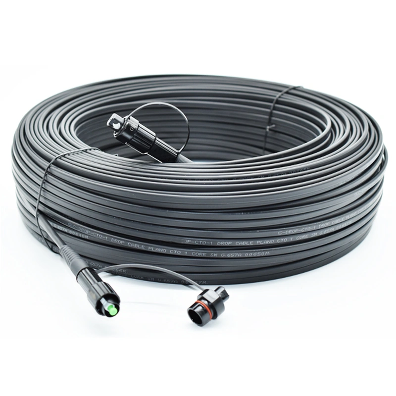 Pre-terminated mini-SC flat drop cable coil with hardened outdoor connector and dust cap