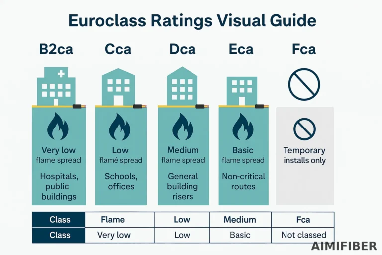 AIMIFIBER CPR Euroclass cable fire performance ratings visual guide – B2ca, Cca, Dca, Eca and Fca with typical building use cases.