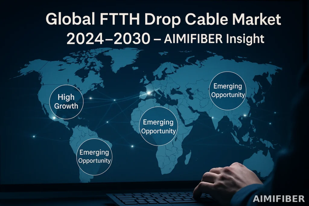 Global FTTH drop cable market 2024–2030 with regions highlighted for high growth and emerging opportunities on a world 