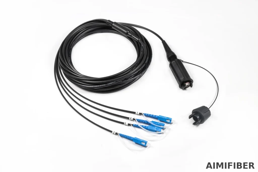 AIMIFIBER 4-core HXB outdoor FTTA fiber connector – HXB 4-core to 4×LC pre-terminated outdoor cable assembly with dust cap, coiled