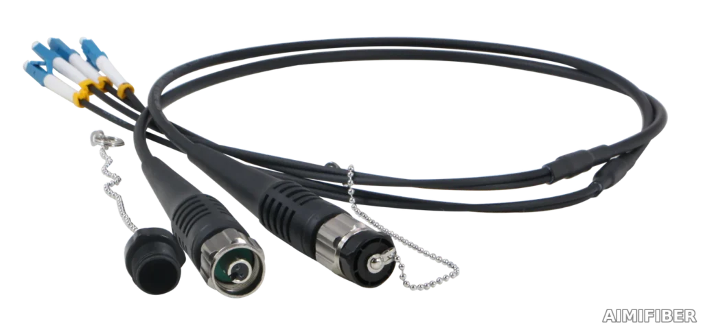 AIMIFIBER ODC 2-core or 4-core FTTA fiber connector cable assembly – Dual inline plugs with LC tails, waterproof, with dust caps