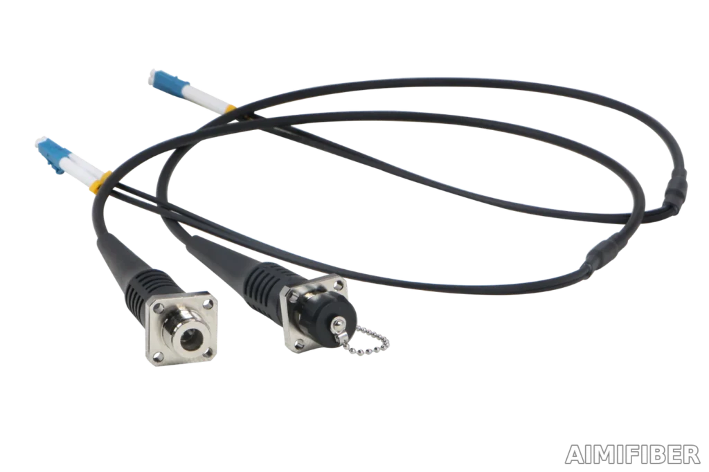 AIMIFIBER ODC 2-core or 4-core FTTA fiber connector cable assembly – Dual panel receptacles with LC tails, waterproof, with dust