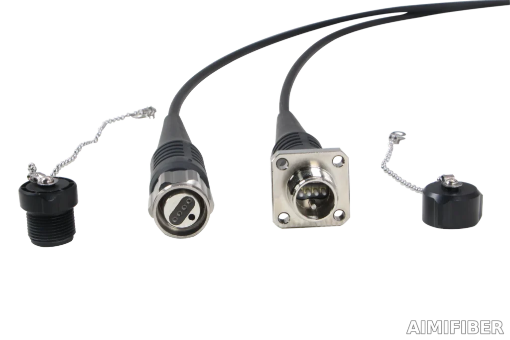 AIMIFIBER ODC 2-core or 4-core FTTA fiber connector cable assembly – Panel receptacle + inline plug (front view), waterproof, with dust caps