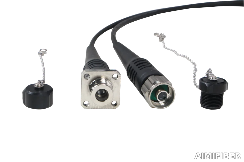 AIMIFIBER ODC 2-core or 4-core FTTA fiber connector cable assembly – Inline plug + panel receptacle (angled), waterproof, with dust caps