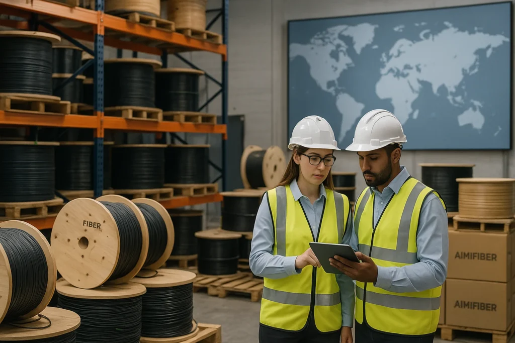 Engineer in a network operations center reviewing a world map of FTTH drop cable deployments, illustrating global FTTH drop cable market trends from 2024 to 2030.