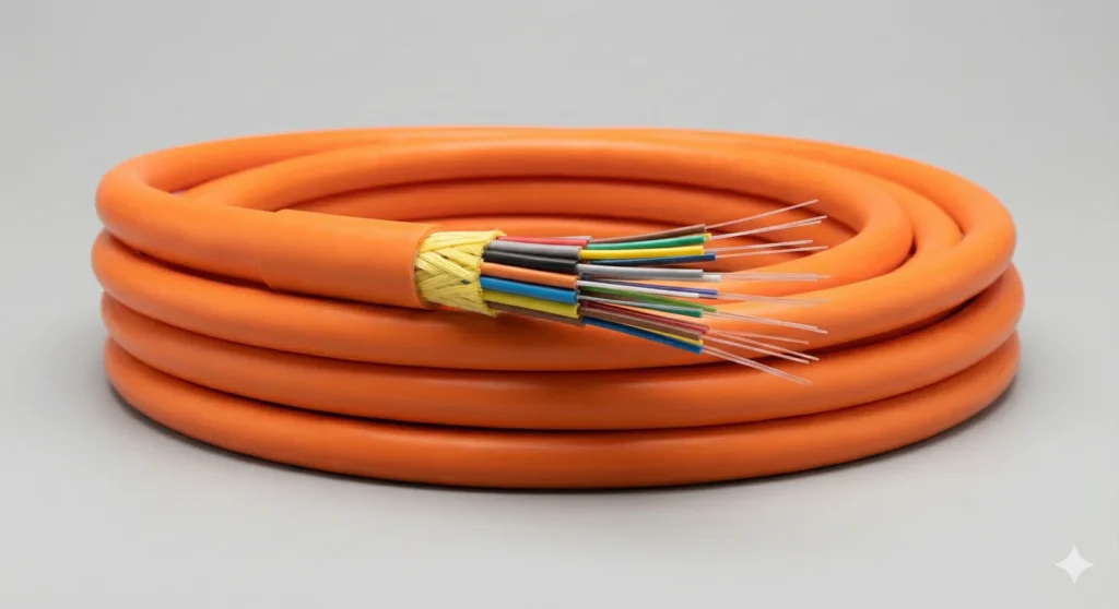 Close-up of GJFJV indoor distribution fiber optic cable with 900µm tight-buffered fibers, aramid yarn strength, and LSZH/PVC jacket.