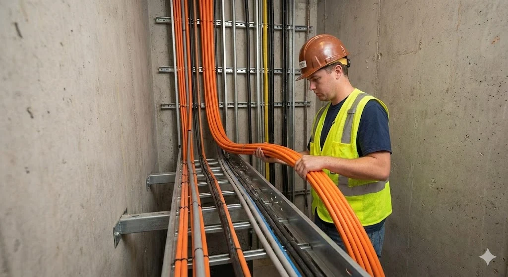 Technician routing orange GJFJV indoor fiber optic cable on cable tray inside a building.