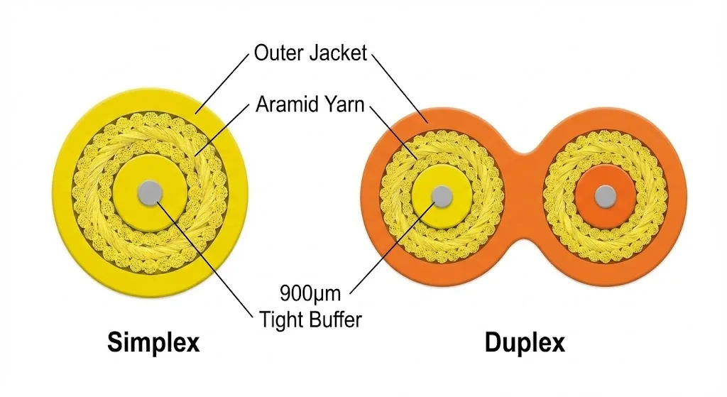 Diagram comparing GJFJV simplex and duplex indoor fiber structures with 900 µm tight buffer, aramid yarn reinforcement, and outer LSZH/PVC jacket.