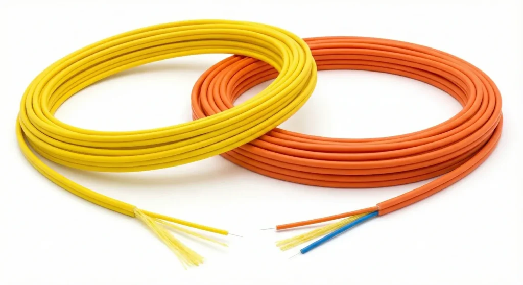 Coils of yellow (simplex) and orange (duplex) GJFJV indoor fiber showing 900 µm tight buffer cores and aramid yarn strength members at the cable ends.