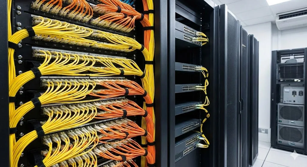 Yellow and orange tight-buffered indoor fiber optic cables neatly patched across rack panels in a data center, demonstrating organized cable management.