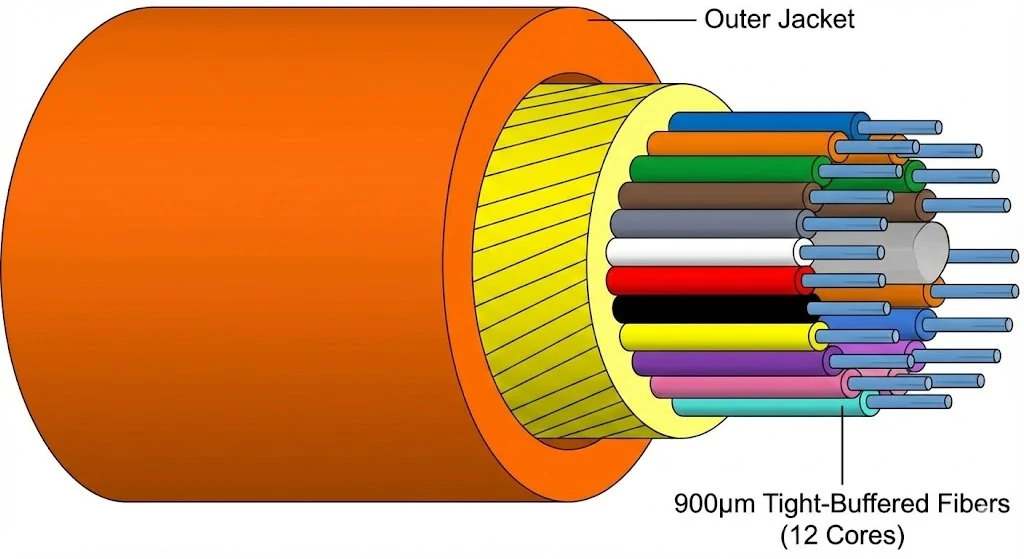 Diagram showing GJFJV indoor fiber structure: 900µm tight buffer, aramid yarn, and outer LSZH/PVC jacket.