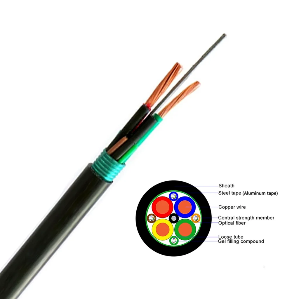 Hybrid fiber copper cable cross section with tight buffered optical fiber, tensile copper element, and strength members