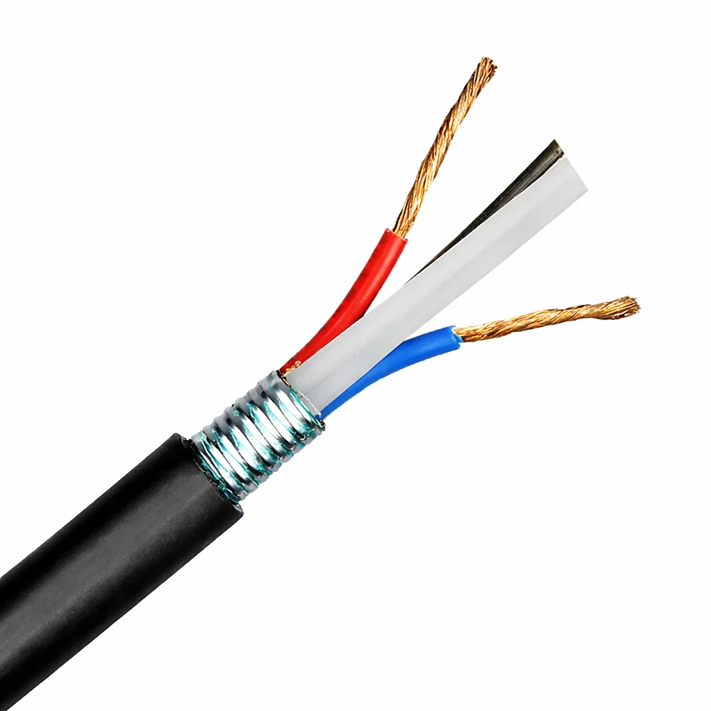 Stripped hybrid fiber copper cable showing red and blue stranded copper conductors, corrugated steel armor, and central loose tube for optical fibers