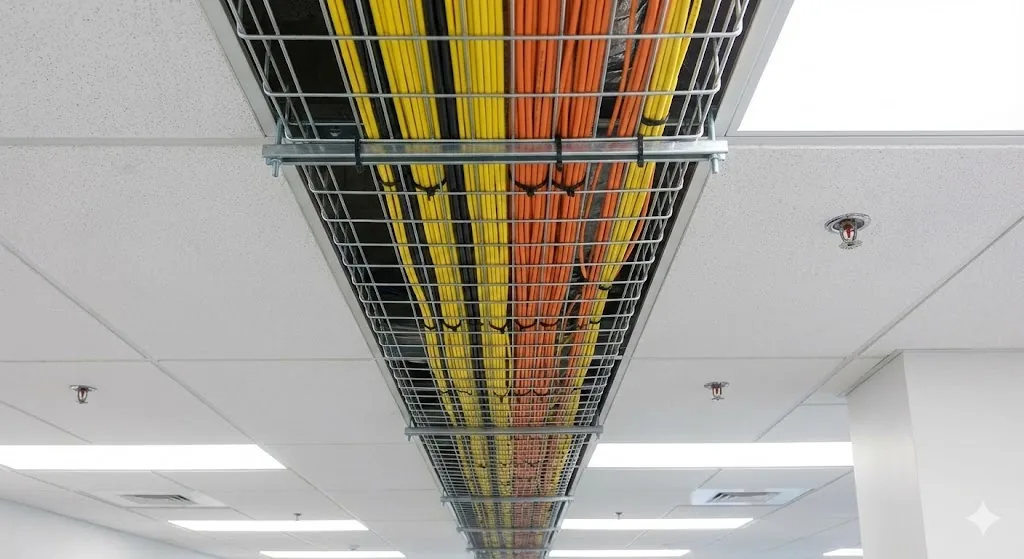 Ceiling wire-mesh tray carrying bundles of yellow and orange tight-buffered indoor fiber optic cables along a corridor for backbone distribution.