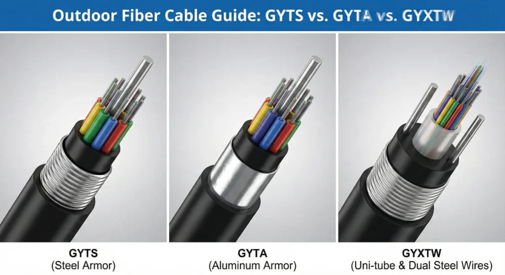 Comparison diagram of outdoor fiber optic cable cross-sections: GYTS (Steel Armor), GYTA (Aluminum Armor), and GYXTW (Uni-tube with dual steel wires).