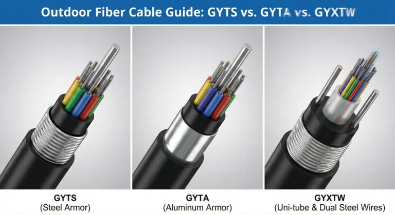 Comparison diagram of outdoor fiber optic cable cross-sections: GYTS (Steel Armor), GYTA (Aluminum Armor), and GYXTW (Uni-tube with dual steel wires).