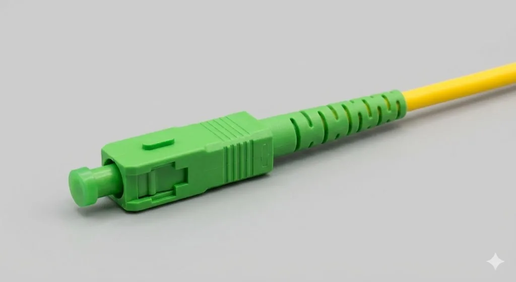 Close-up of a green SC/APC connector on a 900 µm tight-buffered GJFJV simplex indoor fiber, aramid yarn strength members, LSZH/PVC jacket.