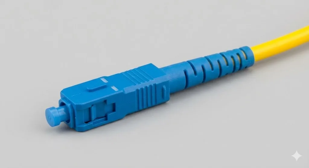 Close-up of a blue SC/UPC connector terminated on a GJFJV 900 µm tight-buffered simplex indoor fiber with LSZH jacket and aramid yarn.