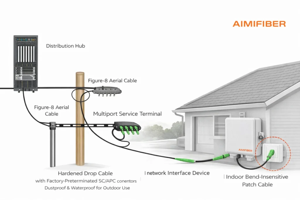 FTTH application scenario showing hardened drop cable, multiport service terminal, and outdoor NID box with pre-terminated SC/APC fiber connection