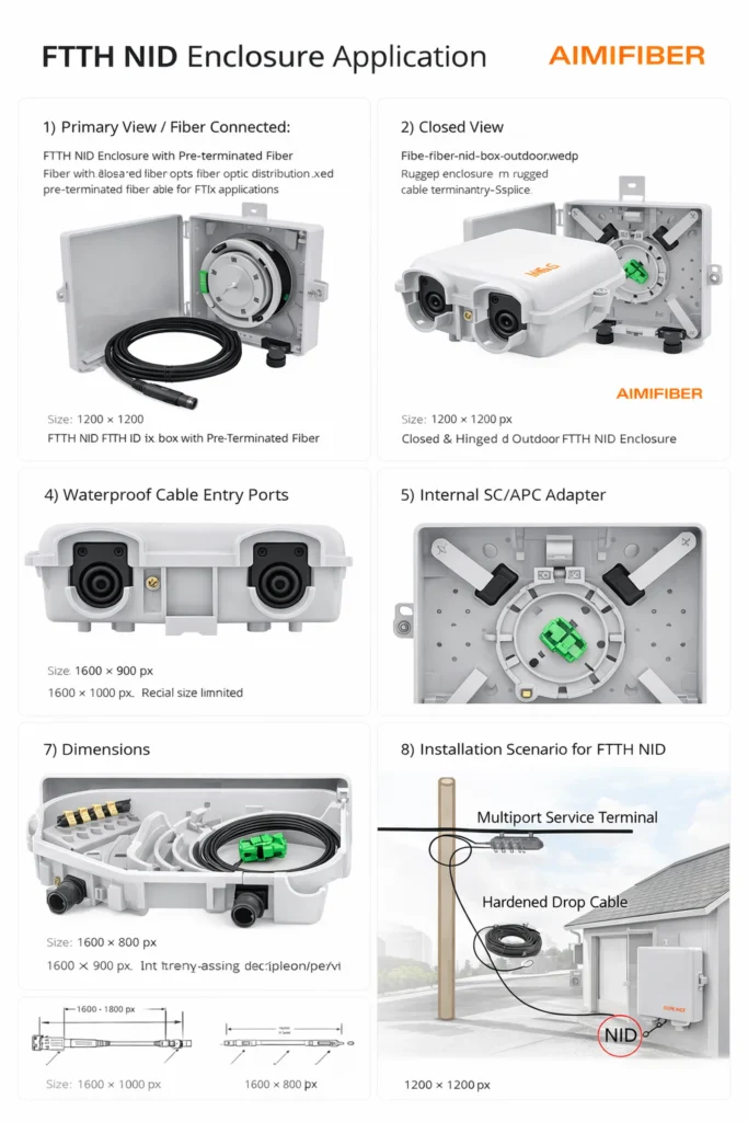 FTTH network application diagram showing AIMIFIBER pre-terminated NID enclosure connected from MST to hardened drop cable for FTTx deployments.