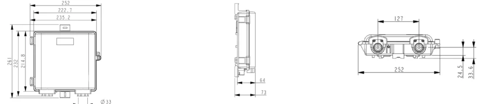 FTTH NID enclosure dimension drawing showing front, side and bottom views with installation measurements