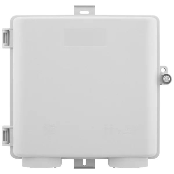 FTTH NID enclosure front view, outdoor fiber optic network interface device with weatherproof housing