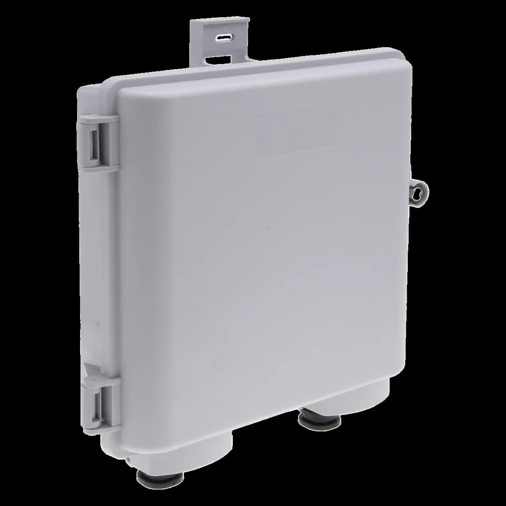 FTTH NID fiber optic enclosure outdoor wall mount front view with weatherproof housing