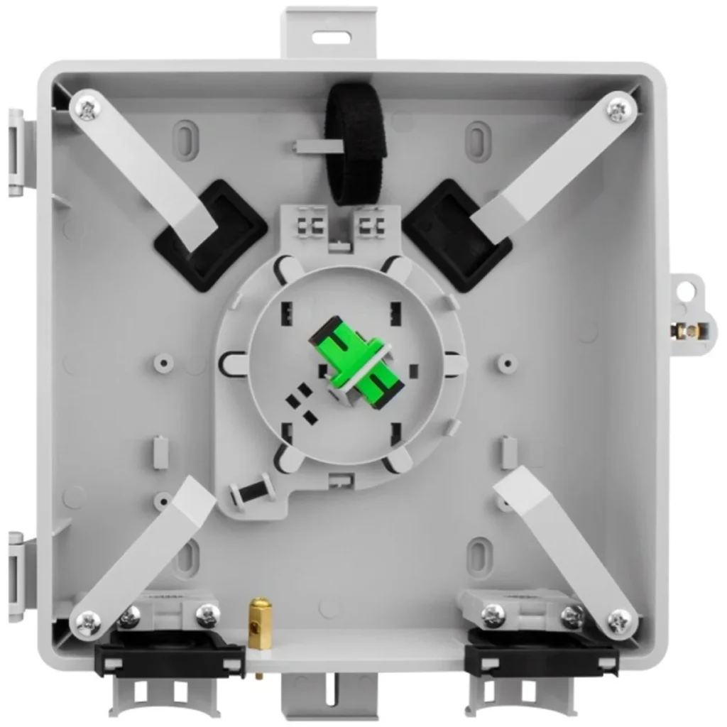 FTTH fiber optic NID enclosure internal view showing SC/APC adapter, splice tray and cable entry design by AIMIFIBER