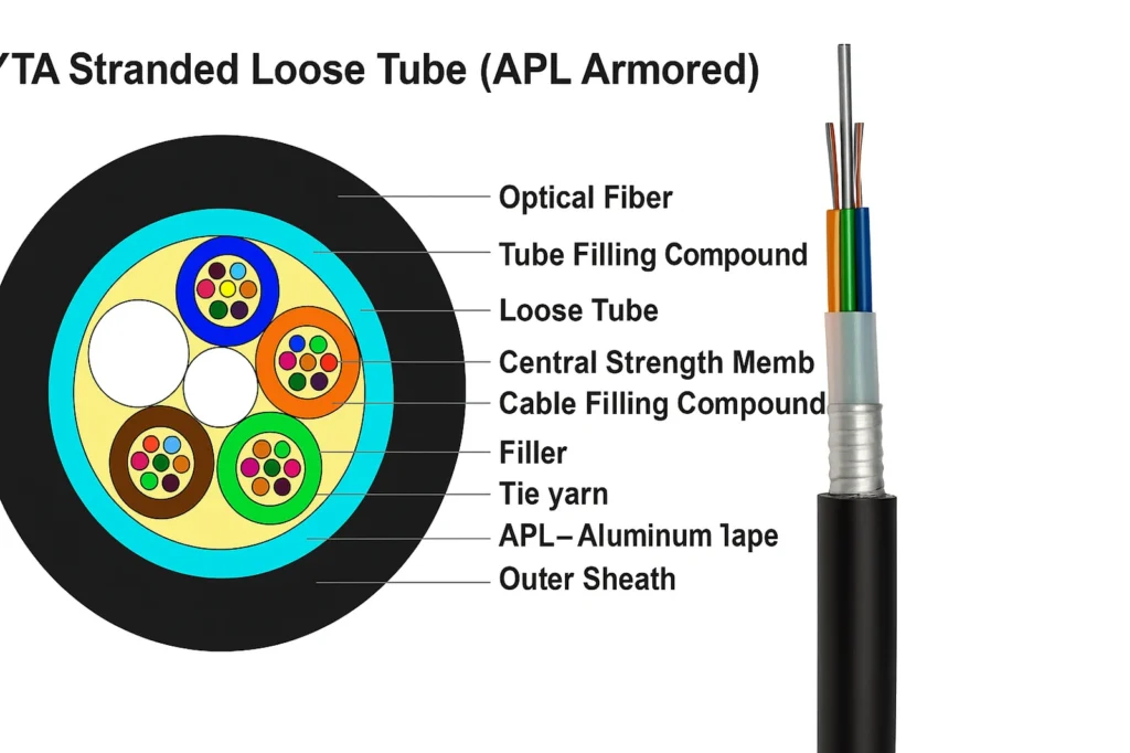 GYTA APL armored stranded loose tube fiber optic cable showing labeled cross-section and product cutaway, including optical fibers, loose tubes, central strength member, filling compound, APL aluminum tape, and PE sheath