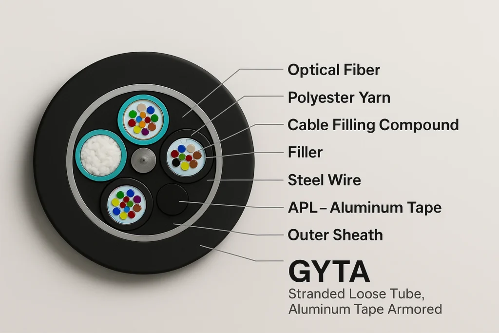GYTA cross-section: central steel strength member, loose tubes, APL aluminum tape, jelly, outer sheath