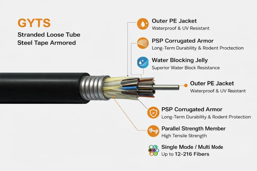 GYTS stranded loose tube armored fiber cable with PE jacket, PSP corrugated armor, water blocking jelly and parallel strength members; up to 12–216 fibers.