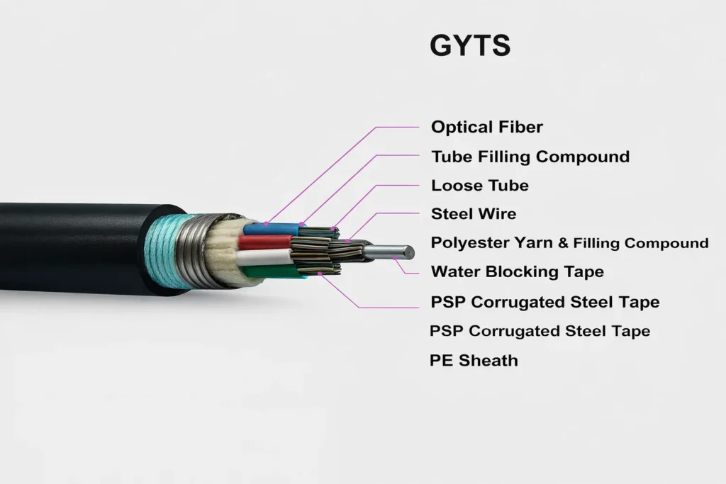 GYTS cable cross-section with labels: optical fiber, loose tube, steel wire, polyester yarn with filling compound, water blocking tape, PSP corrugated steel tape armor, PE sheath.