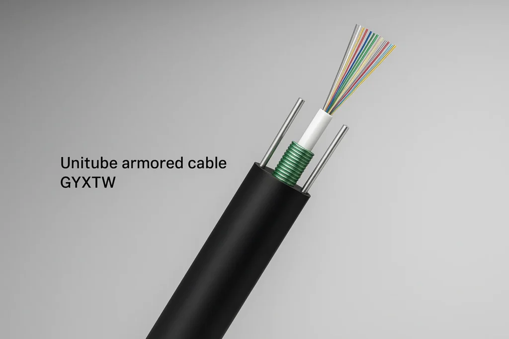 GYXTW unitube armored cable with PSP corrugated steel tape and two steel strength members, 12-fiber white loose tube