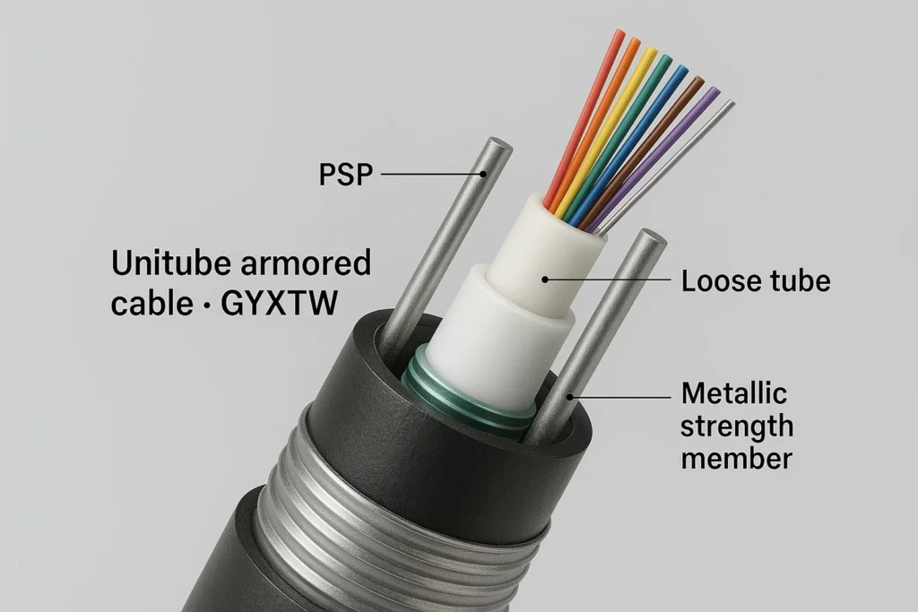 Clean GYXTW structure diagram with outer sheath, PSP steel tape armor, central PBT loose tube containing 12 fibers, and dual steel strength members