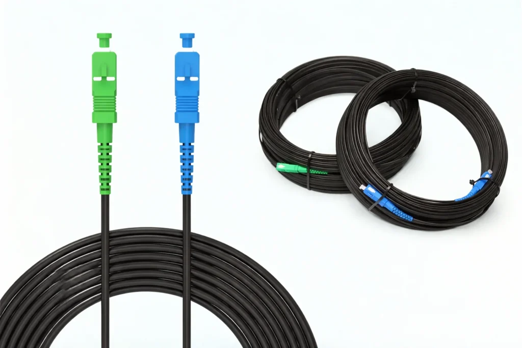 Pre-terminated FTTH drop cable with SC/APC to SC/UPC connectors, outdoor fiber optic cable coil