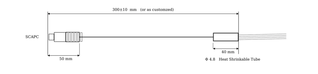 SC/APC fiber pigtail dimension drawing showing 300±10 mm length, 50 mm connector section, and 40 mm Φ4.8 heat shrinkable tube