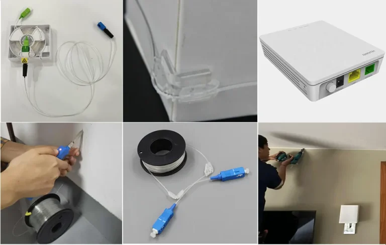 Installer routing transparent FTTR micro fiber along wall/ceiling; tools, spool, termination box and indoor ONT shown