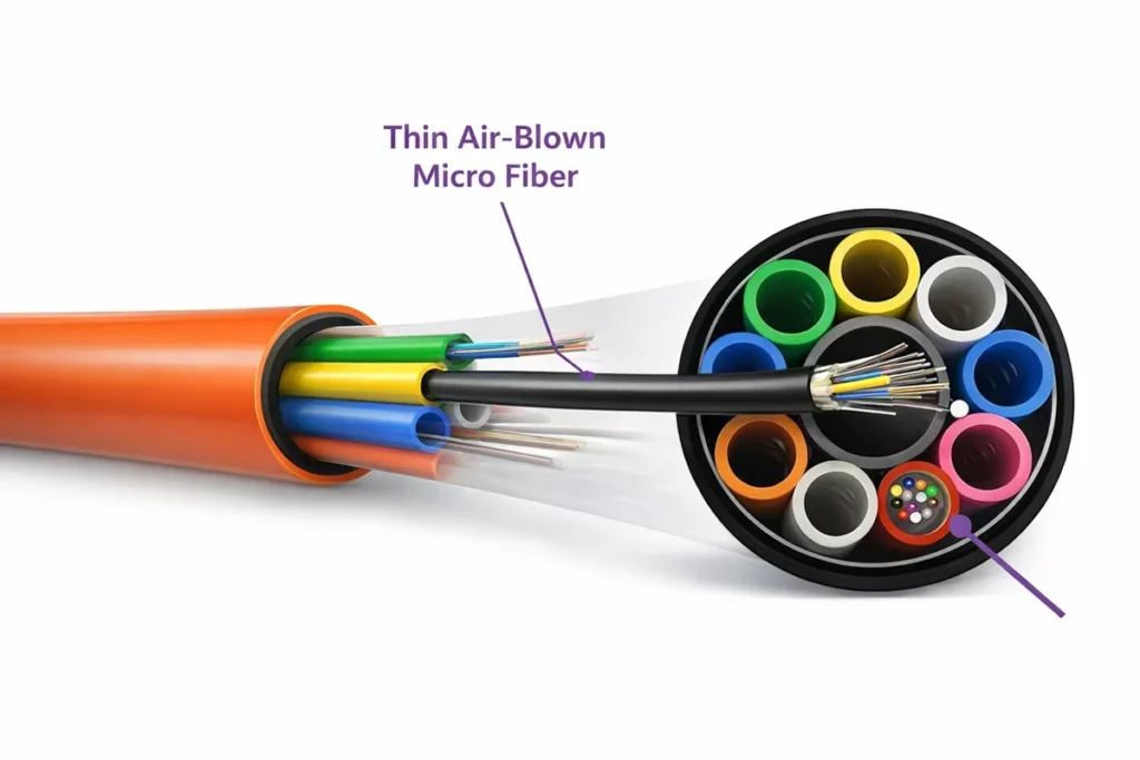 Comparison between GCYFY air-blown micro fiber cable and traditional heavy-duty armored fiber cable showing size and structure differences