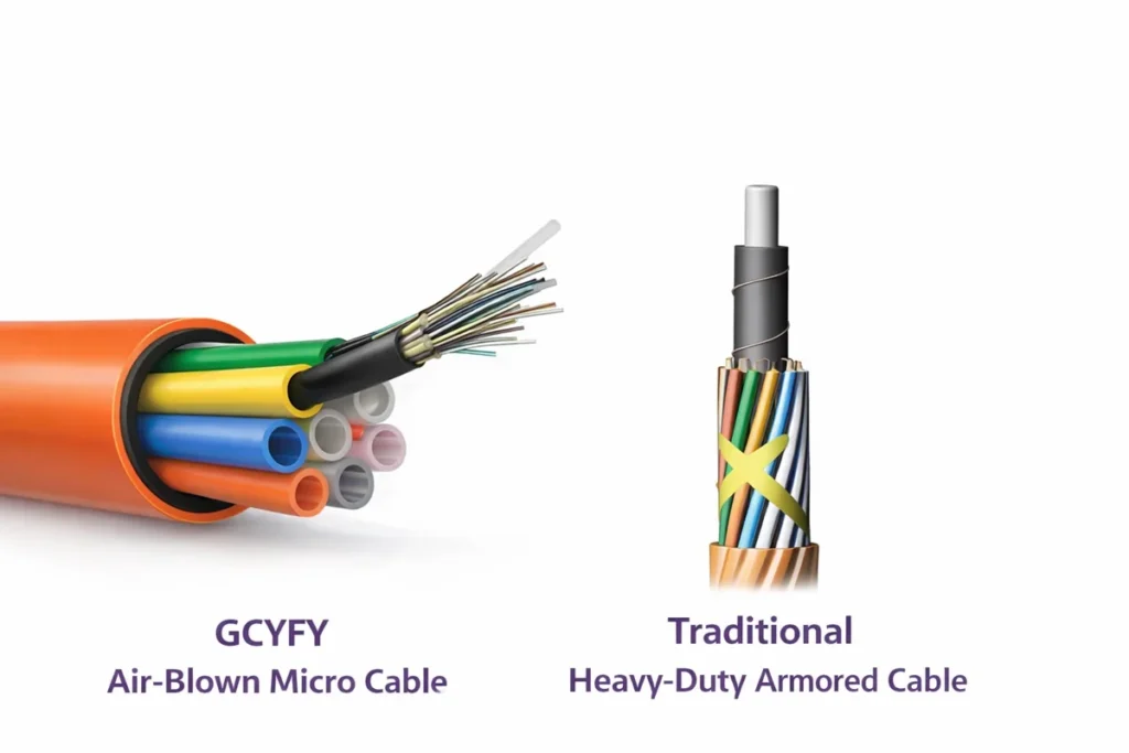 GCYFY air-blown micro fiber cable installed inside microducts, showing high-density microduct layout and jetting application